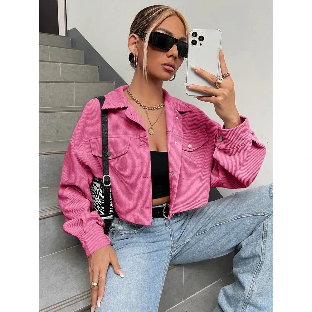 Minimalist Drop Shoulder Crop Corduroy Jacket shacket coat - Picture 1 of 11